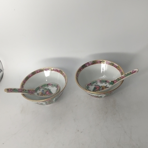 2 vintage rose Canton soup/rice bowls with spoons - Picture 8 of 8